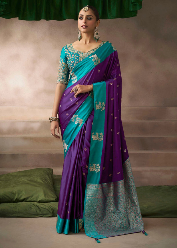 Deep purple Banarasi saree in satin silk with traditional gold zari motifs