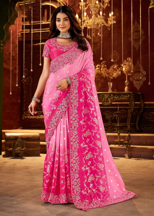 Blush Pink Embroidered Tissue Designer Saree