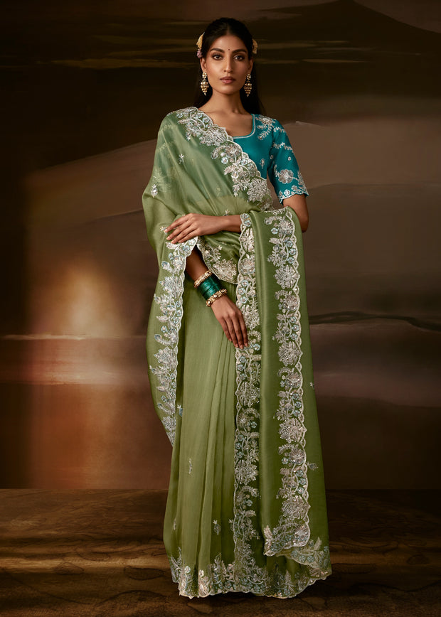 Sage Green Embroidered Designer Organza Saree