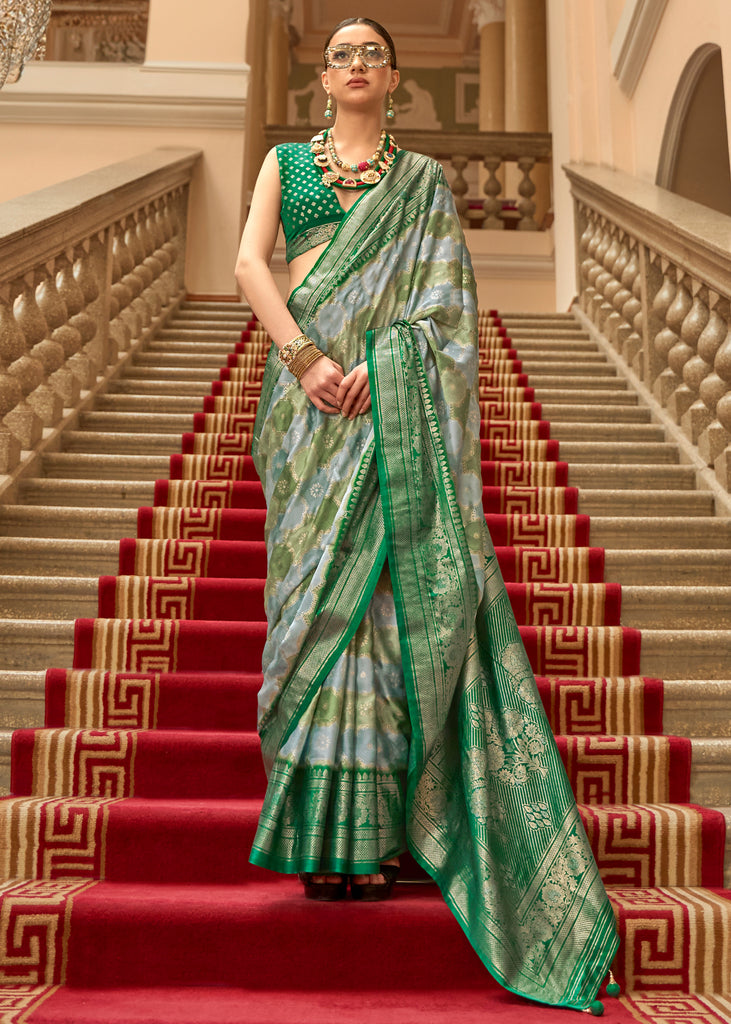 Emerald Green Printed Satin Silk Saree