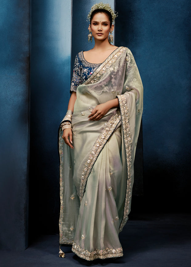 Haze Grey Embroidered Designer Tissue Saree