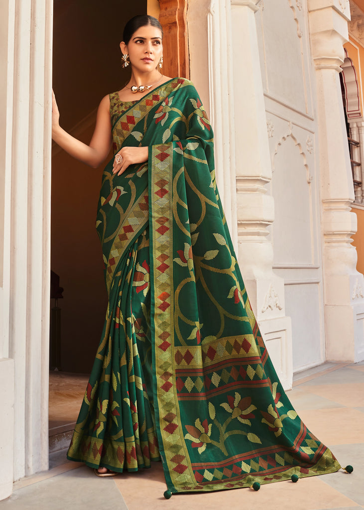 Jungle Green Floral Printed Soft Silk Saree