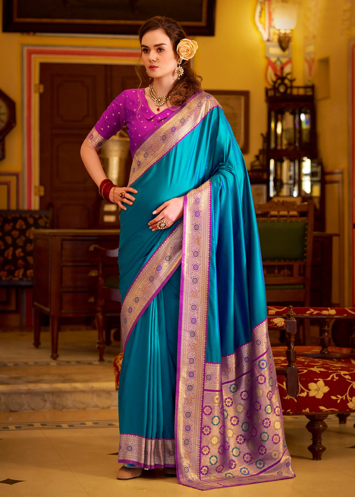 Swedish Blue Woven Banarasi Soft Silk Saree