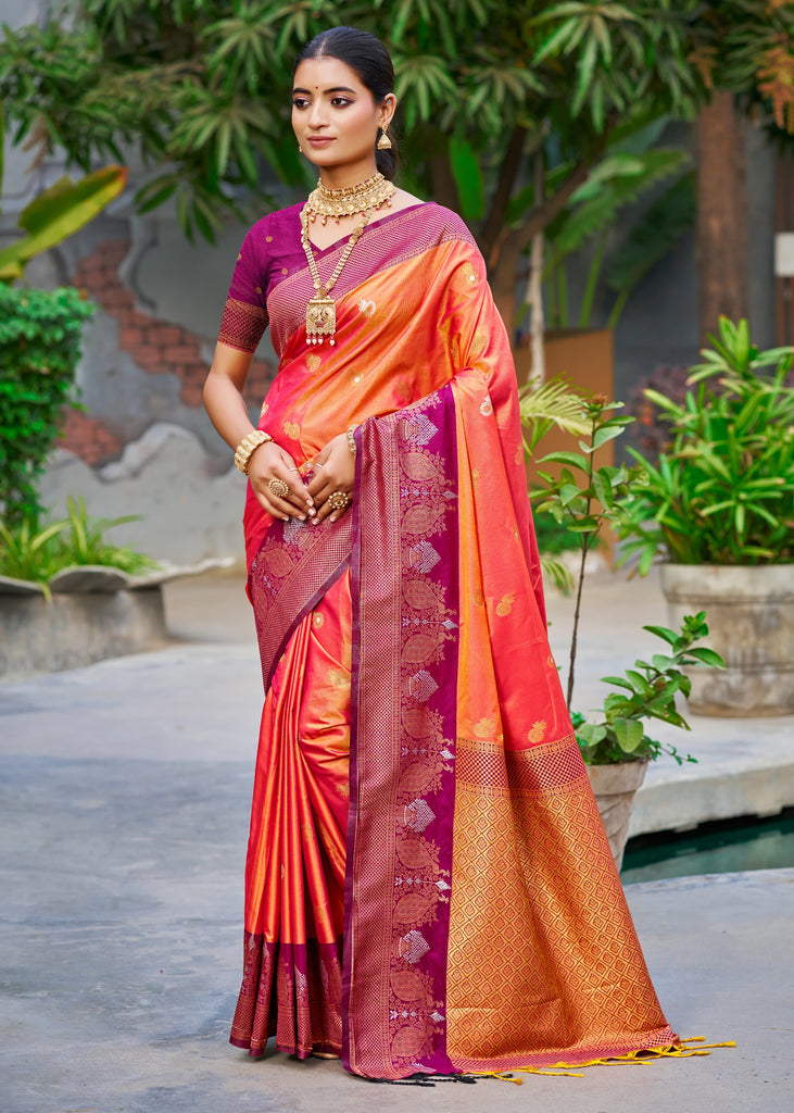 Mandarin Orange Dual Tone Woven Banarasi Silk Saree