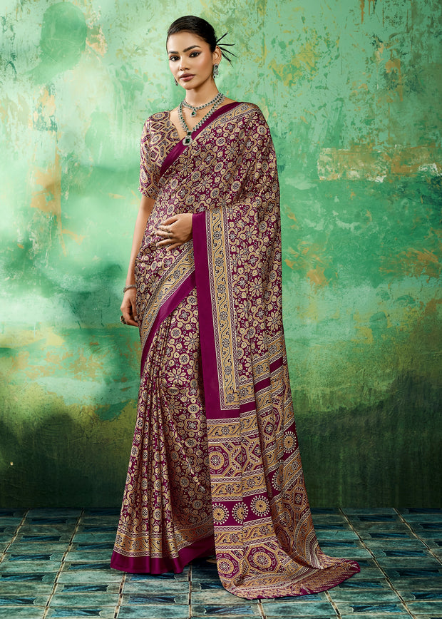 Purple Printed Satin Silk Saree