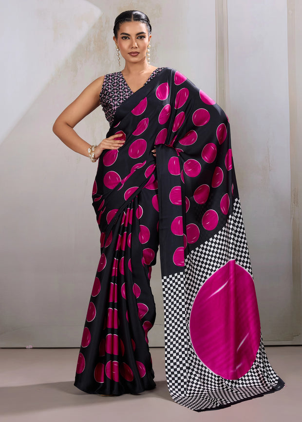 Pink Printed Satin Silk Saree