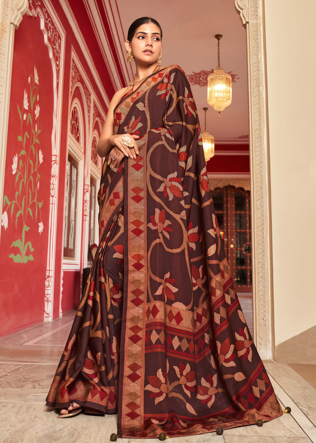 Coffee Brown Floral Printed Soft Silk Saree