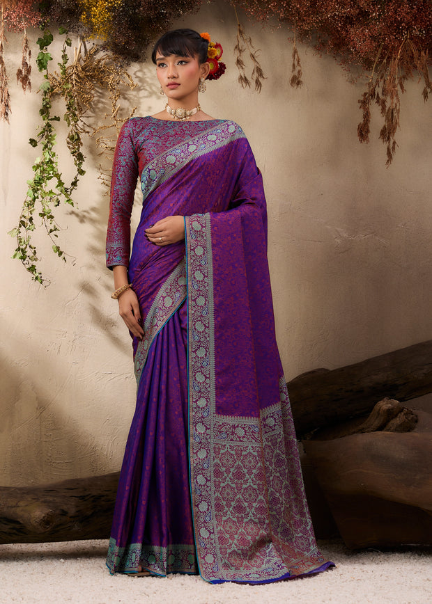 Deep purple Kanjivaram silk saree with traditional Kanchipuram woven body