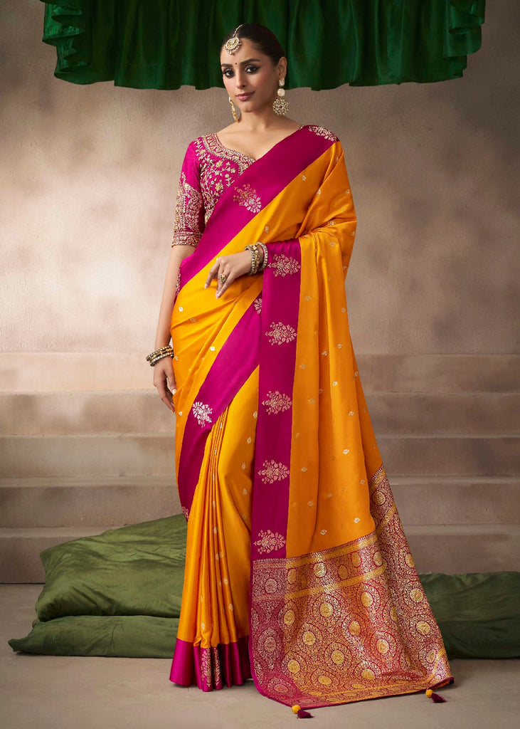 “Exclusive Offer” : Saffron Yellow & Pink Woven Banarasi Satin Silk Saree