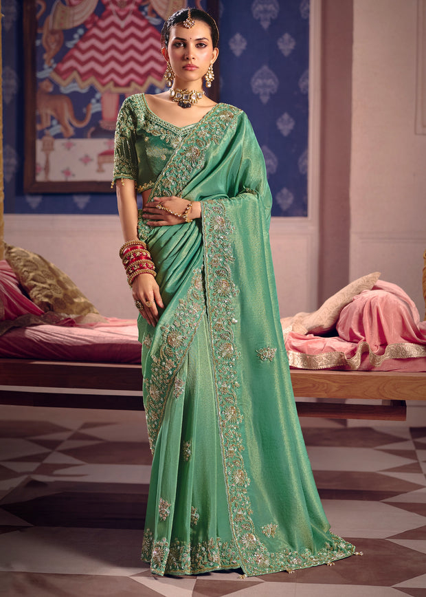 Summer Green Embroidered Tissue Designer Saree