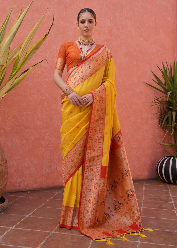 Vibrant Yellow Woven Paithani Silk Saree