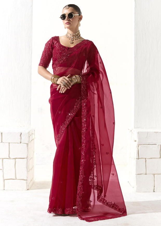 Beet Red Designer Organza Tissue Silk Saree