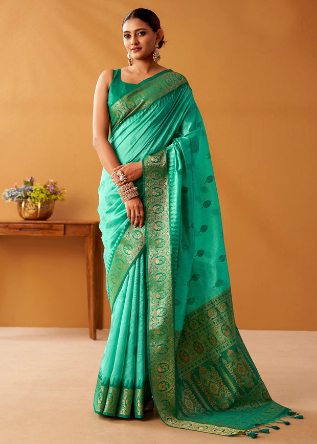 Mint Green Woven Banarasi Cotton Silk Saree