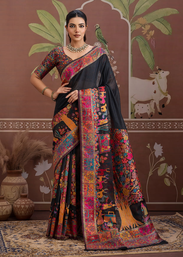 Pirate black Kashmiri Jamewar woven cotton saree with all-over jaal pattern