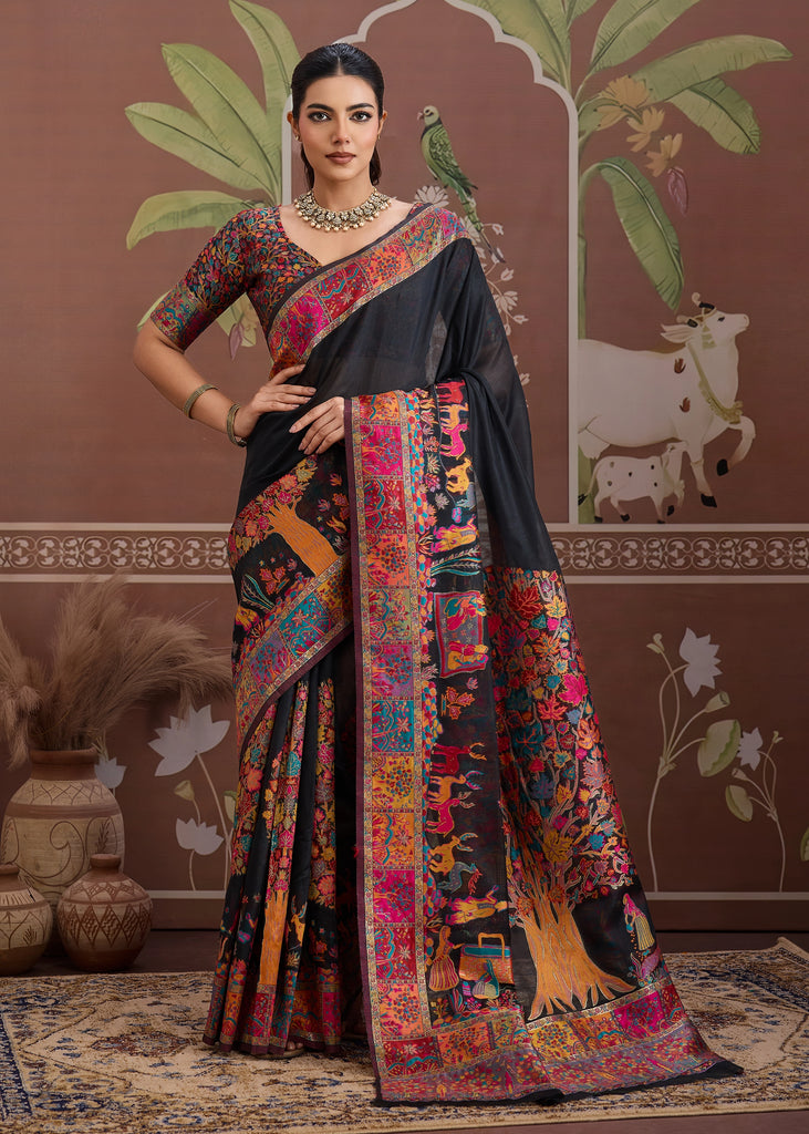 Pirate Black Woven Cotton Kashmiri Jamewar Saree