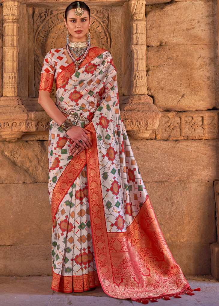 Banarasee Handwoven Semi Silk Saree With Contrast Border-White & Red