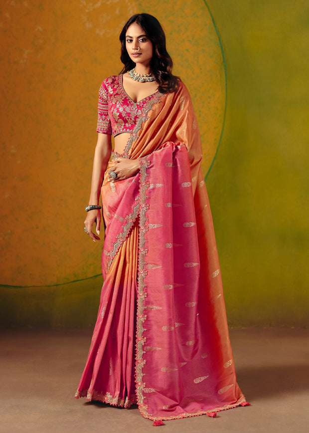 Saffron Pink Designer Embroidered Saree