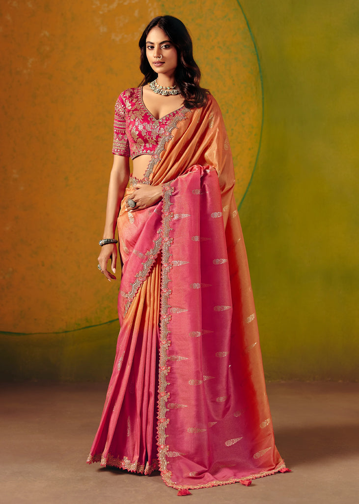 Saffron Pink Designer Embroidered Saree