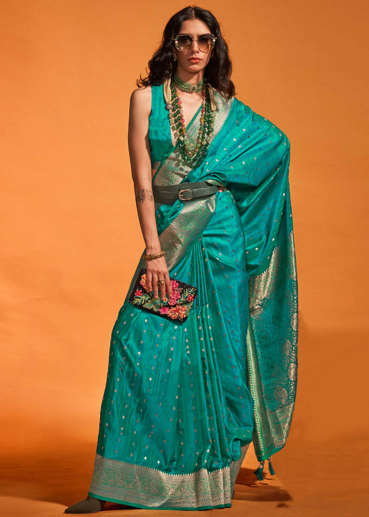 Peacock Blue Organza Silk Saree With Copper Zari Weaving | Kolour