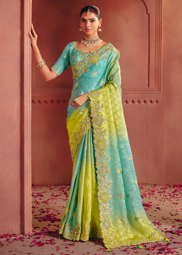 Blue Green Designer Embroidered Saree