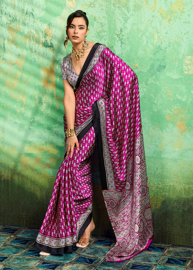 Orchid Purple Printed Satin Silk Saree