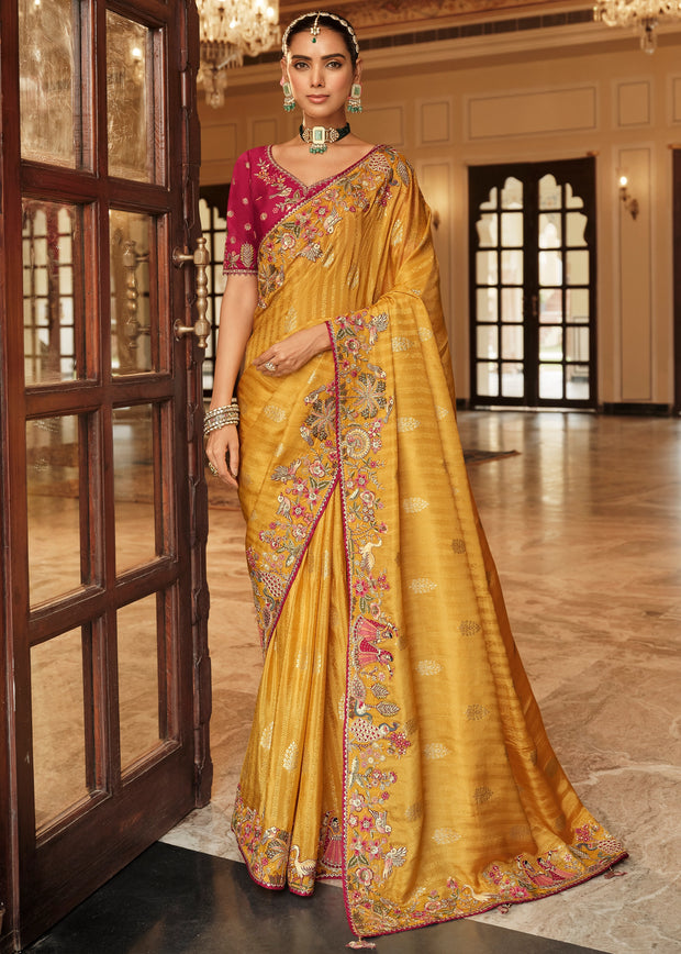Mustard yellow soft silk saree with Khatli work embroidery