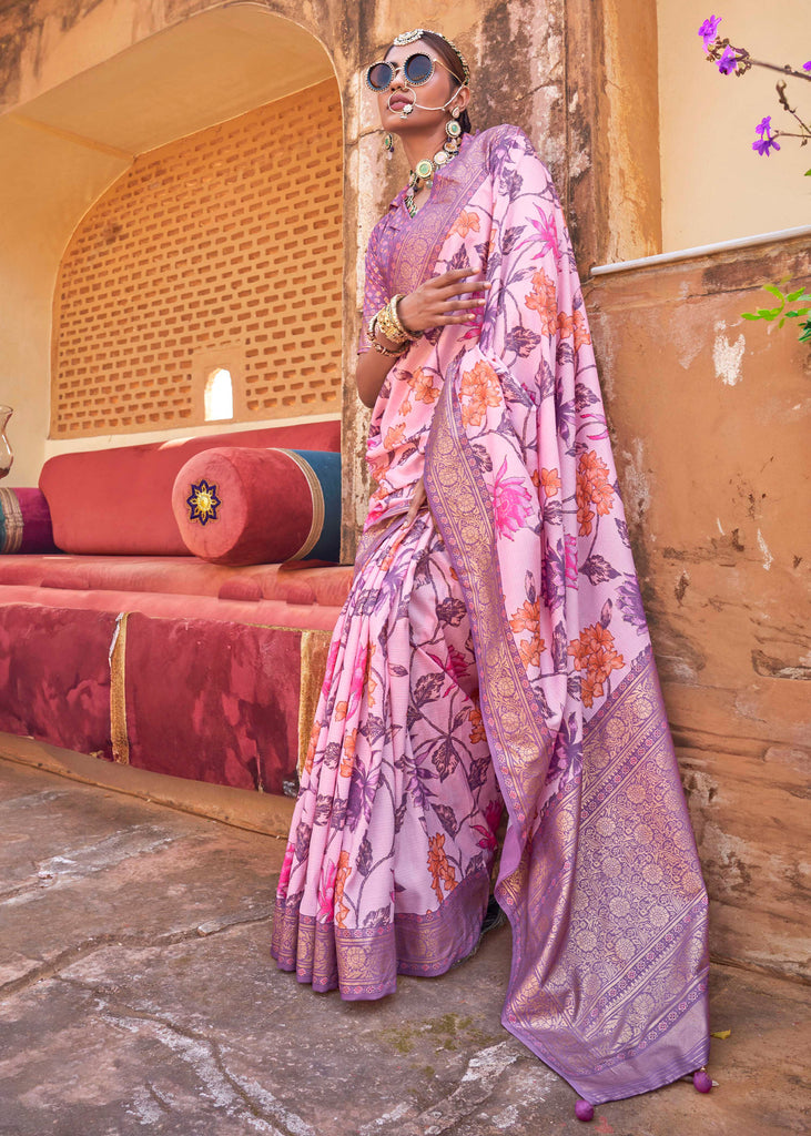 Blush Pink Floral Printed Silk Saree With Contrast Border