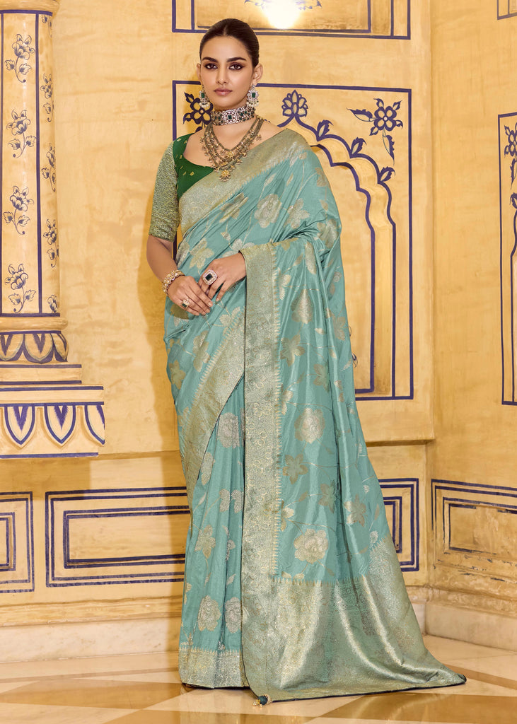 Aqua Blue Woven Banarasi Silk Saree
