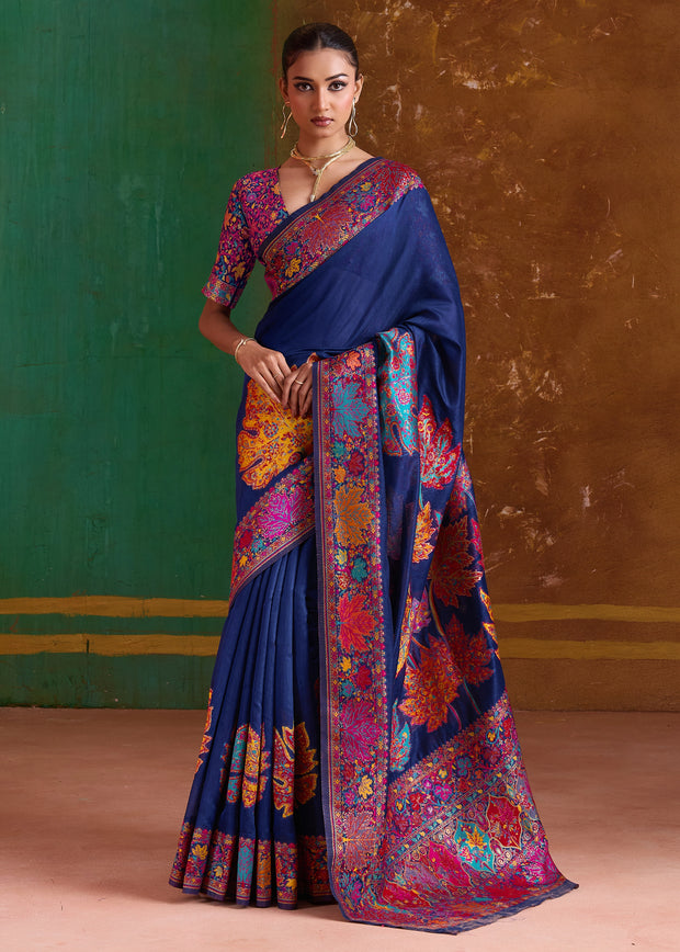 Sapphire Blue Woven Cotton Kashmiri Jamewar Saree