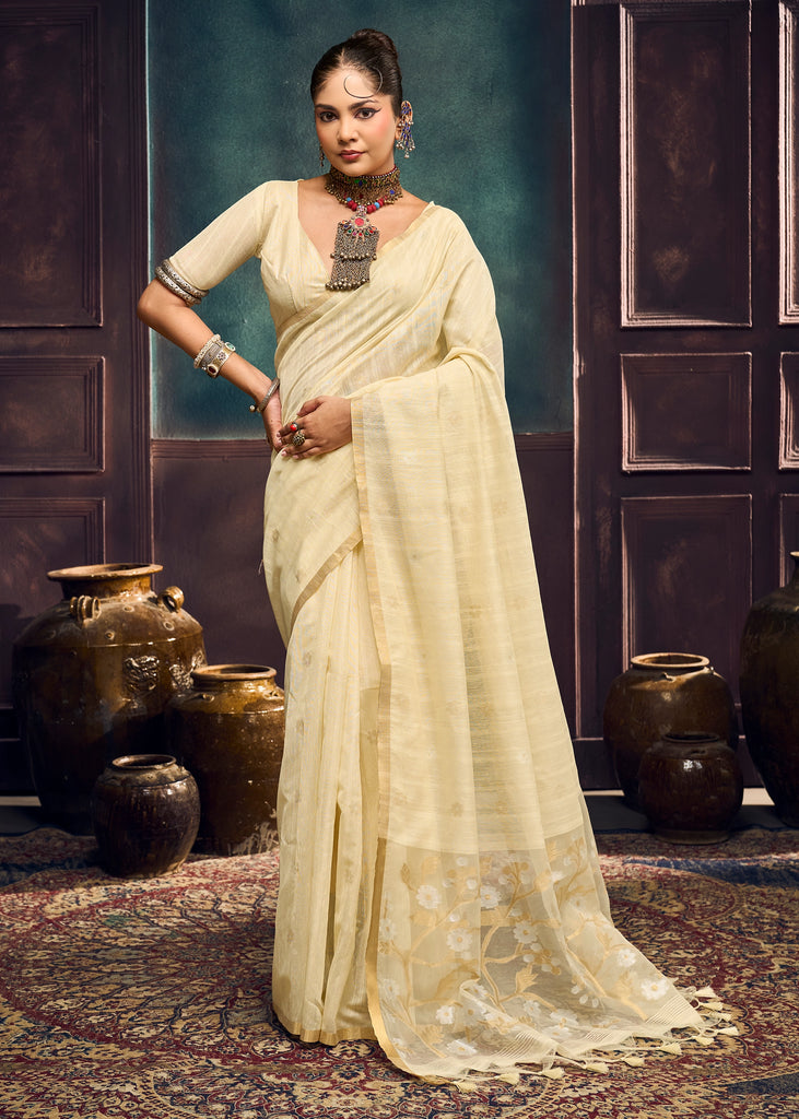 Cream White Woven Munga Cotton Silk Saree