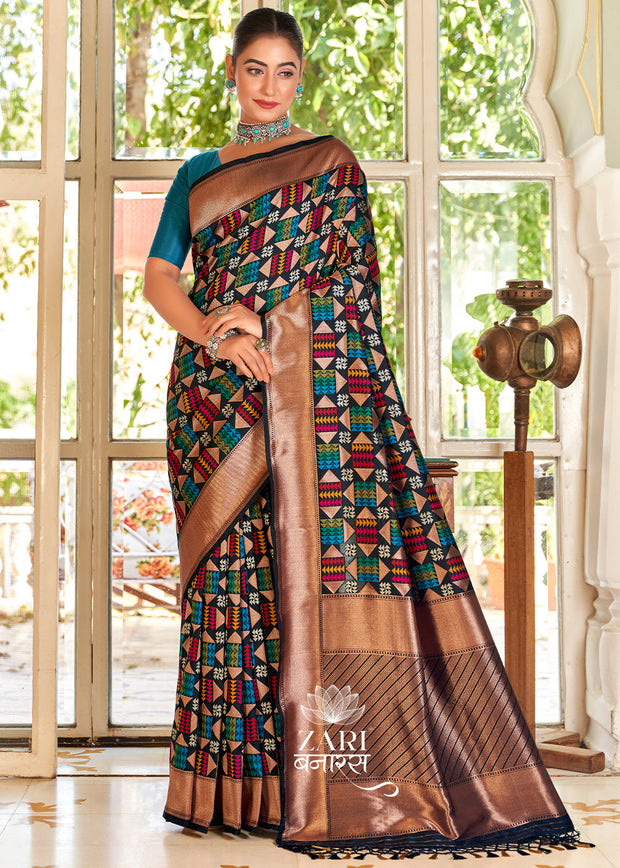 Vrinda black Banarasi handloom silk saree with traditional woven motifs from Varanasi