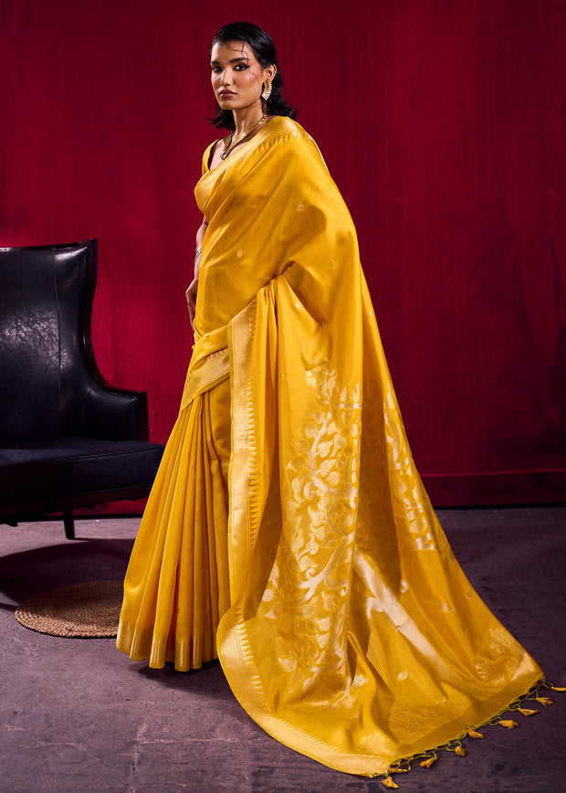 Daffodil Yellow Banarasi Satin Linen Silk Saree