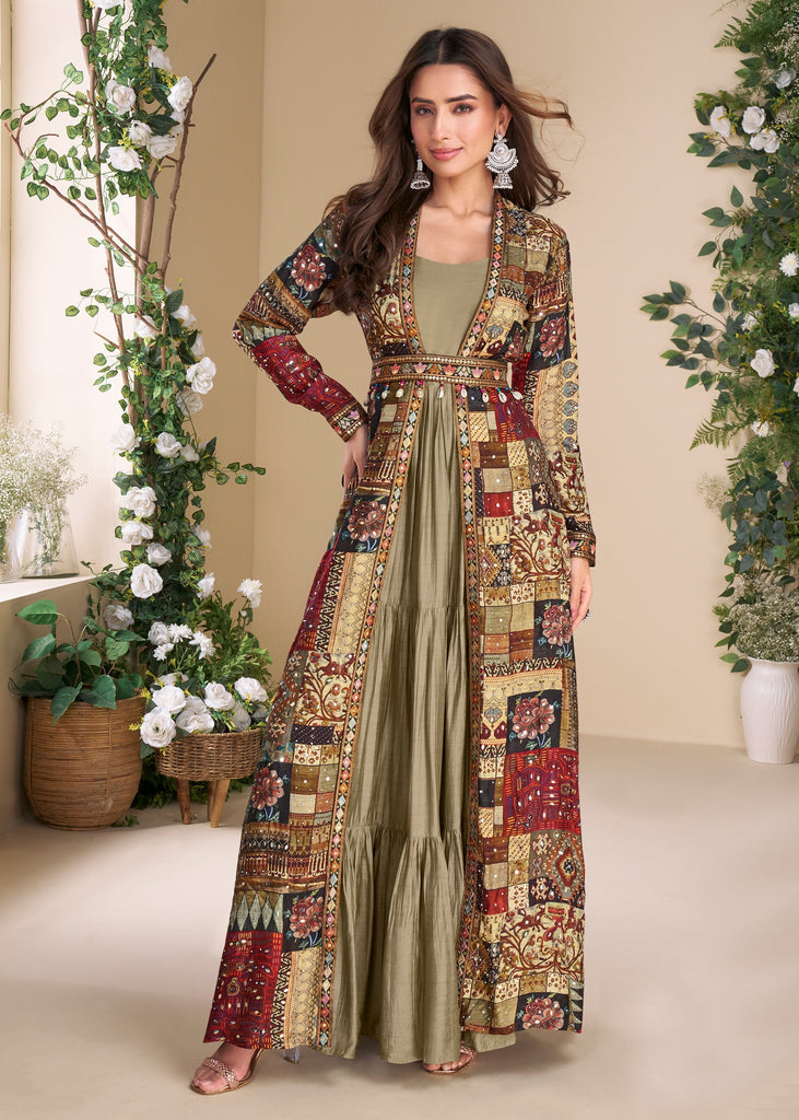 Golden Green Shrug Style Gown with Embroidered Work