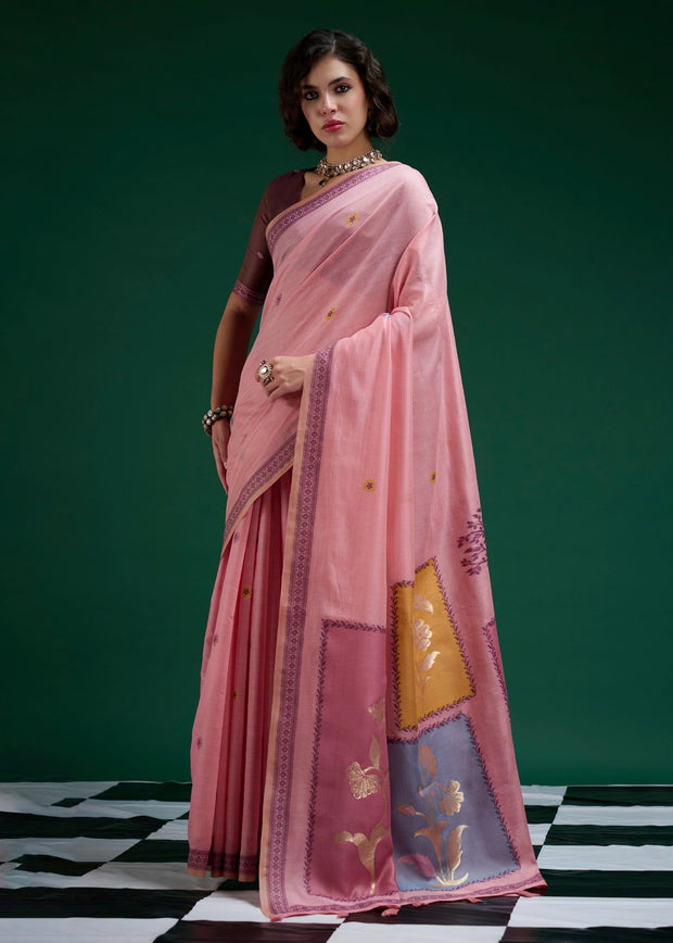 Pink Woven Cotton Jamdani Saree