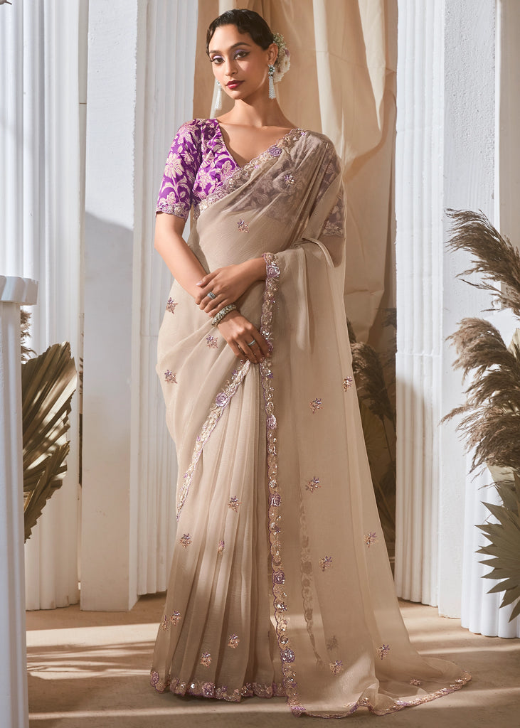 Dusky White Designer Silk Saree