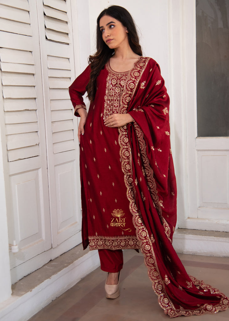 Deep Maroon Embroidered Silk Suit set (10702862385345)