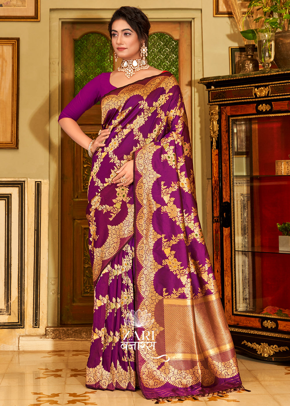 Purple Saree with Golden Border | Mysore Crepe Silk Saree – Lady India