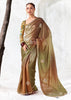 Brown And Green Designer Organza Silk Saree With Printed Blouse