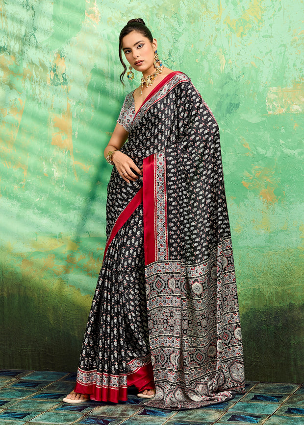 Black Printed Satin Silk Saree