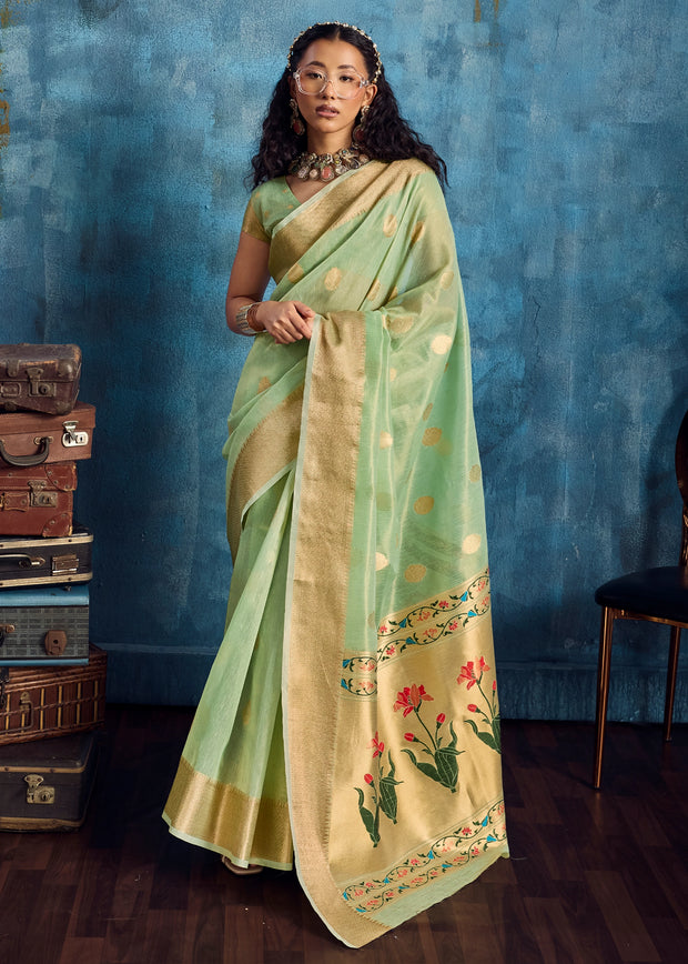 Fair Green Woven Paithani Tissue Silk Saree