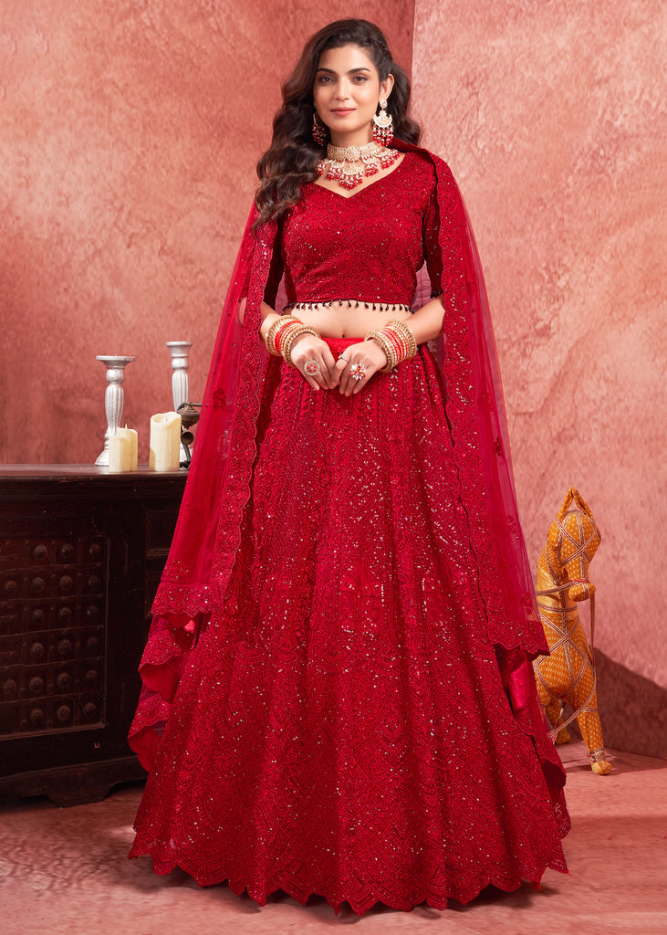 Poppy Red Net Embroidered Bridal Lehenga