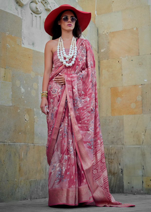 Petals Pink Printed Georgette Silk Saree