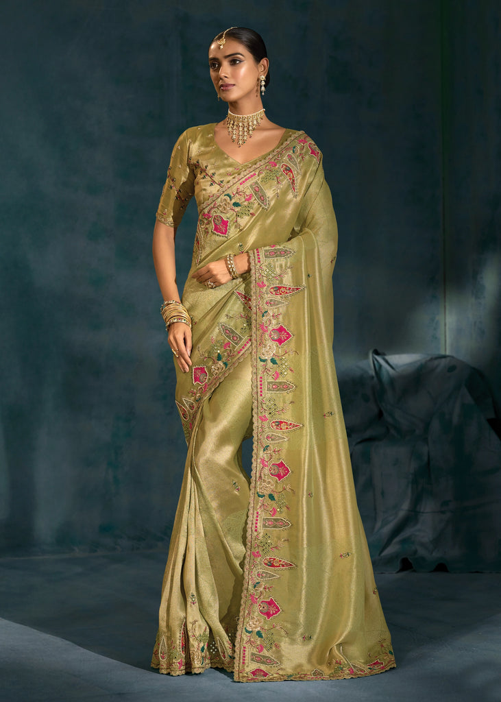 Mehandi Green Embroidered Designer Tissue Saree