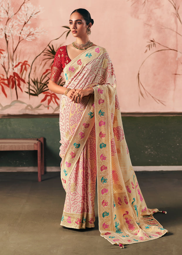Creamy White Woven Georgette Bandhej Saree