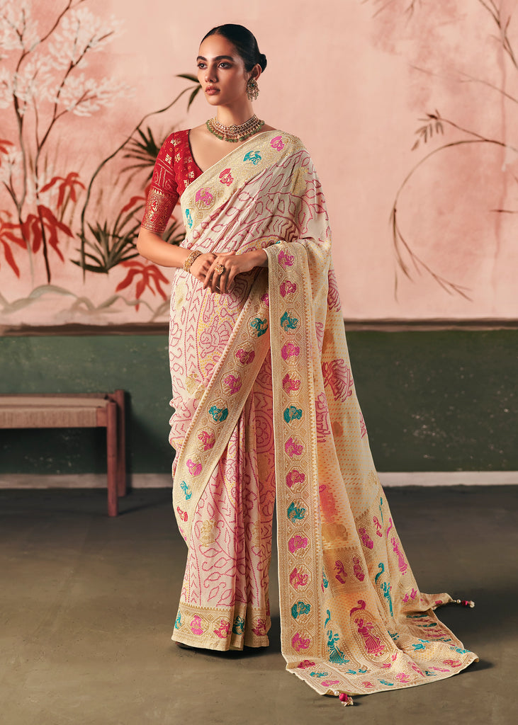 Creamy White Woven Georgette Bandhej Saree