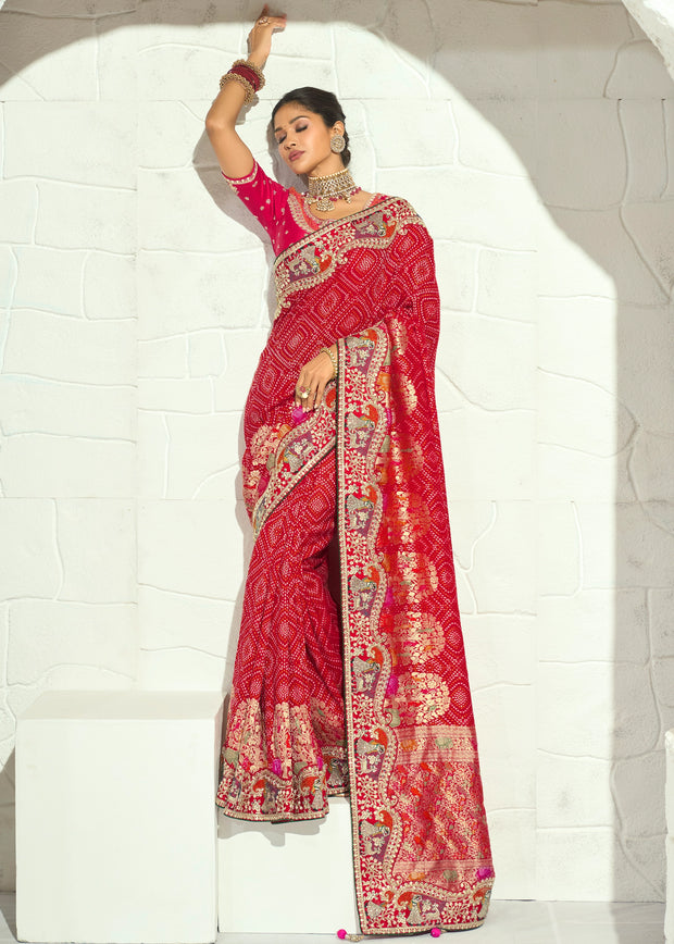 Red Embroidered Georgette Bandhej Saree