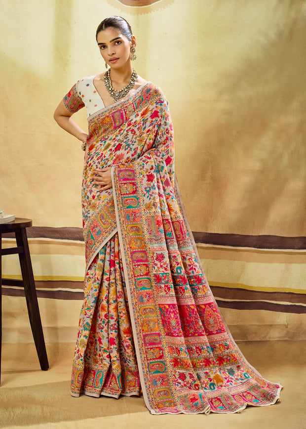 White Woven Cotton Kashmiri Jamewar Saree