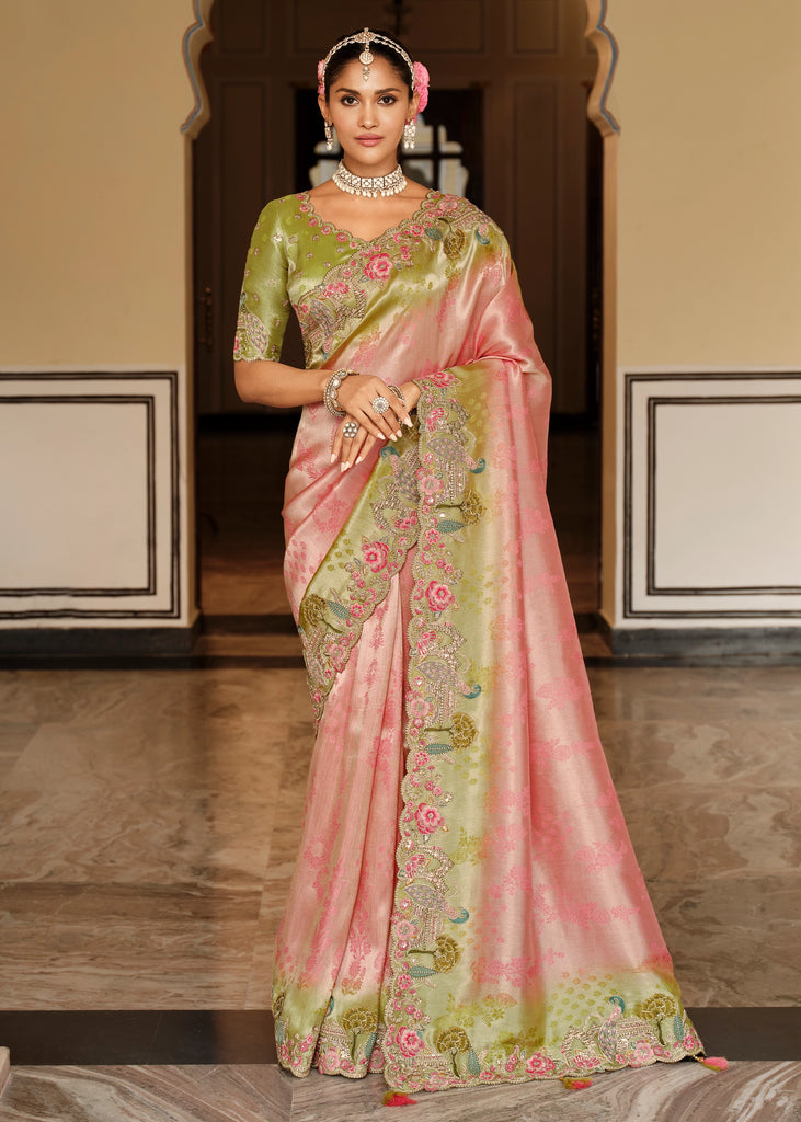 Pink & Green Designer Embroidered Silk Saree