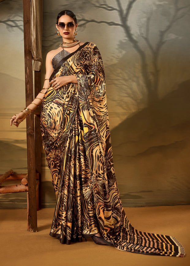 Black And Golden Printed Satin Silk Saree