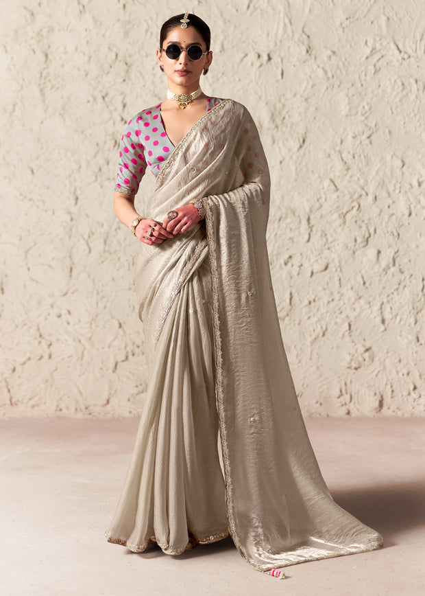 Silver Grey Designer Organza Tissue Silk Saree With Printed Blouse